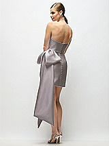 Rear View Thumbnail - Cashmere Gray Strapless Pleated Draped Satin Mini Dress with Dramatic Long Tail Bow & Covered Buttons