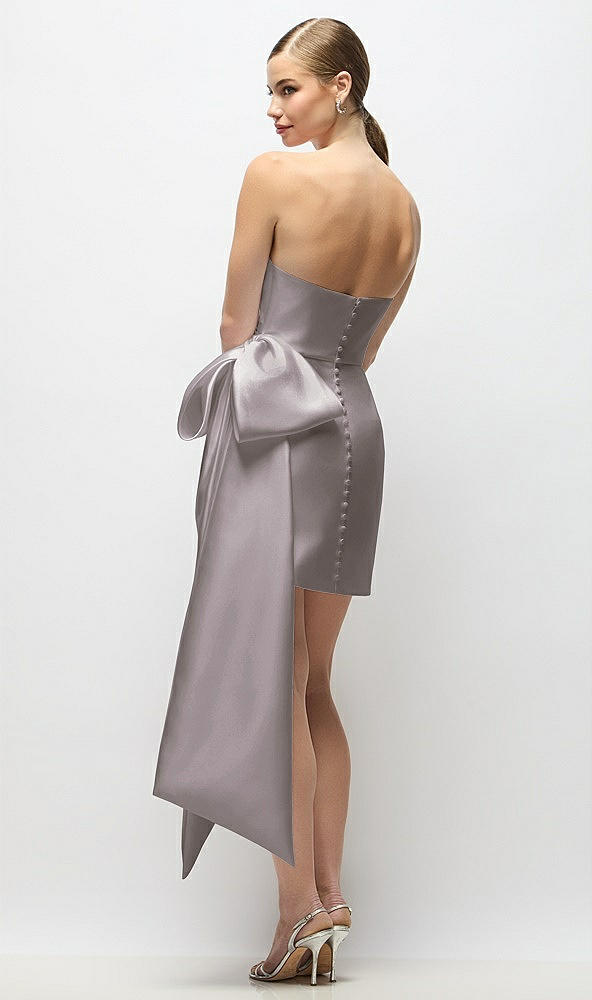 Back View - Cashmere Gray Strapless Pleated Draped Satin Mini Dress with Dramatic Long Tail Bow & Covered Buttons