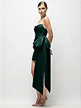 Side View Thumbnail - Evergreen Strapless Pleated Draped Satin Mini Dress with Dramatic Long Tail Bow & Covered Buttons