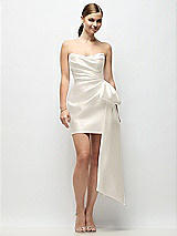 Alt View 1 Thumbnail - Ivory Strapless Pleated Draped Satin Mini Dress with Dramatic Long Tail Bow & Covered Buttons