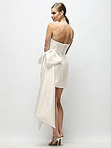 Rear View Thumbnail - Ivory Strapless Pleated Draped Satin Mini Dress with Dramatic Long Tail Bow & Covered Buttons