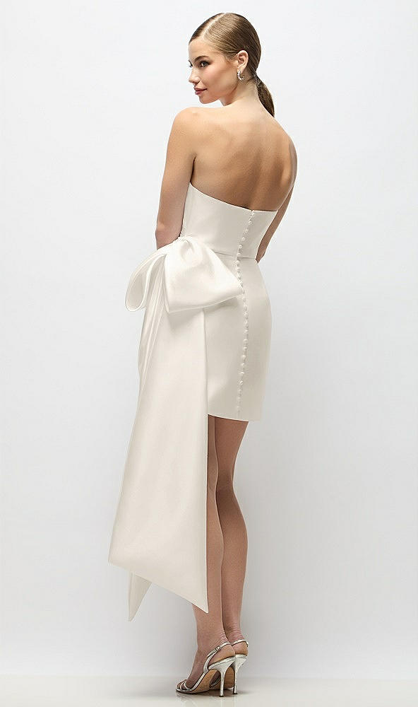 Back View - Ivory Strapless Pleated Draped Satin Mini Dress with Dramatic Long Tail Bow & Covered Buttons