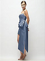 Side View Thumbnail - Larkspur Blue Strapless Pleated Draped Satin Mini Dress with Dramatic Long Tail Bow & Covered Buttons