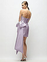 Rear View Thumbnail - Lilac Haze Strapless Pleated Draped Satin Mini Dress with Dramatic Long Tail Bow & Covered Buttons