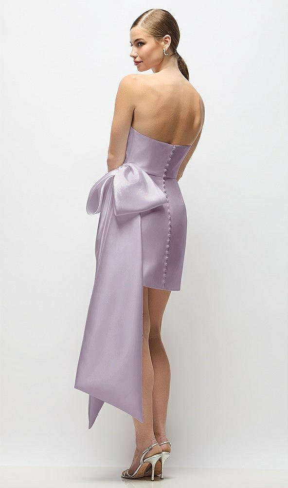 Back View - Lilac Haze Strapless Pleated Draped Satin Mini Dress with Dramatic Long Tail Bow & Covered Buttons