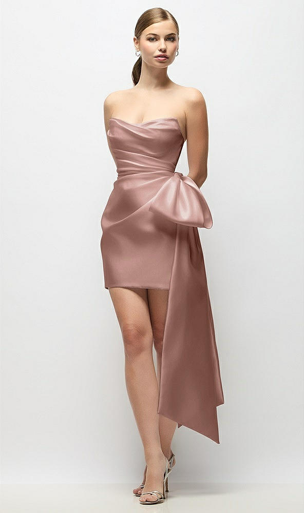 Front View - Neu Nude Strapless Pleated Draped Satin Mini Dress with Dramatic Long Tail Bow & Covered Buttons