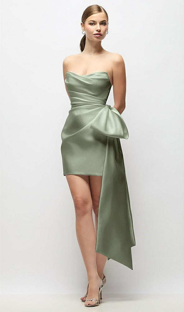 Front View - Sage Strapless Pleated Draped Satin Mini Dress with Dramatic Long Tail Bow & Covered Buttons