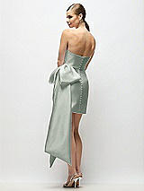 Rear View Thumbnail - Willow Green Strapless Pleated Draped Satin Mini Dress with Dramatic Long Tail Bow & Covered Buttons
