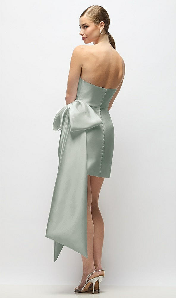 Back View - Willow Green Strapless Pleated Draped Satin Mini Dress with Dramatic Long Tail Bow & Covered Buttons