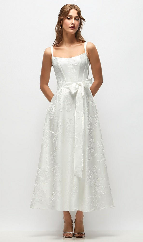 Front View - Off White Shaped Strap Boned Corset Embossed Floral Jacquard Bride Dress with Full Midi Skirt & Sash
