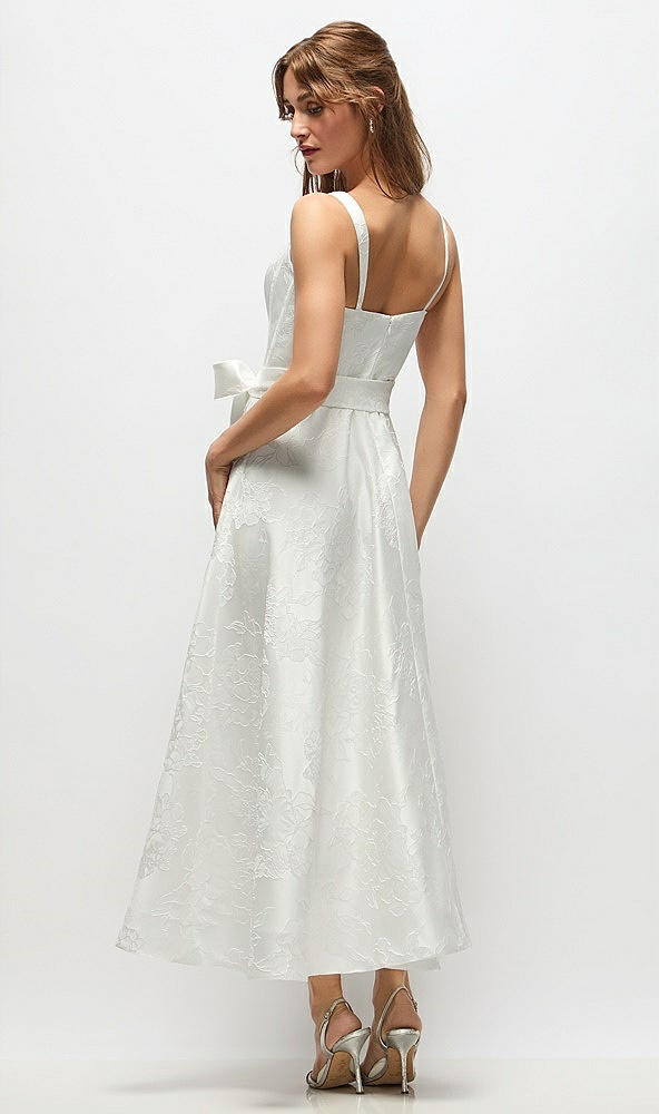 Back View - Off White Shaped Strap Boned Corset Embossed Floral Jacquard Bride Dress with Full Midi Skirt & Sash