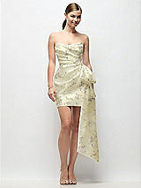 Alt View 1 Thumbnail - Butter Yellow Floral Strapless Pleated Draped Floral Satin Mini Dress with Dramatic Long Tail Bow & Covered Buttons