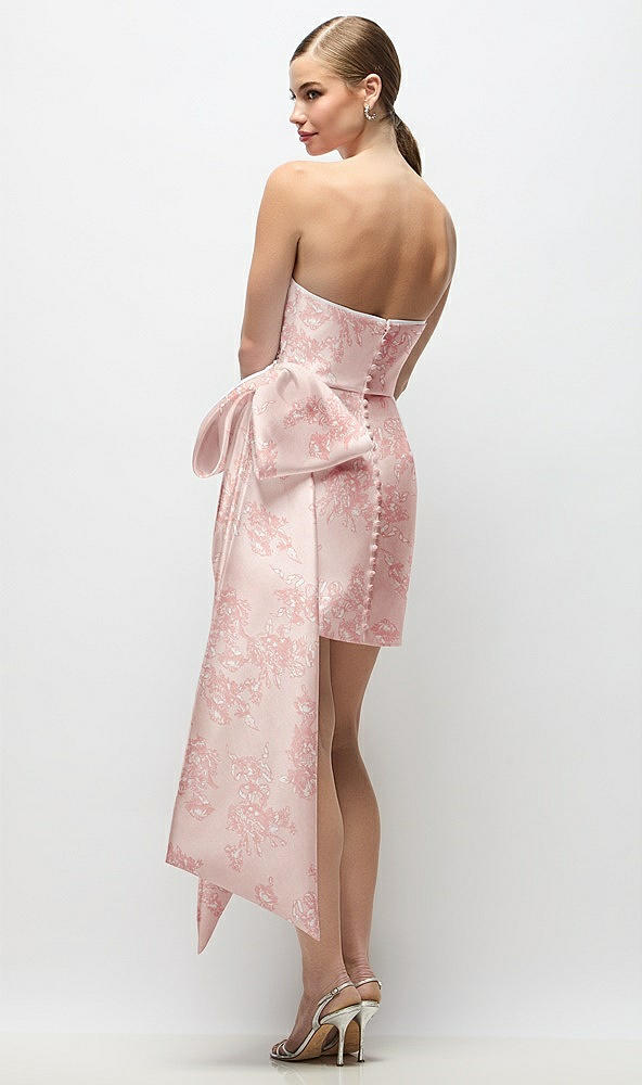Back View - Bow And Blossom Print Strapless Pleated Draped Floral Satin Mini Dress with Dramatic Long Tail Bow & Covered Buttons