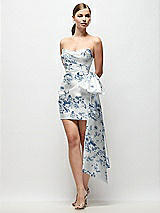 Front View Thumbnail - Cottage Rose Larkspur Strapless Pleated Draped Floral Satin Mini Dress with Dramatic Long Tail Bow & Covered Buttons