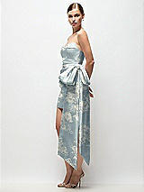Side View Thumbnail - Porcelain Blue Seraphina Floral Strapless Pleated Draped Floral Satin Mini Dress with Dramatic Long Tail Bow & Covered Buttons