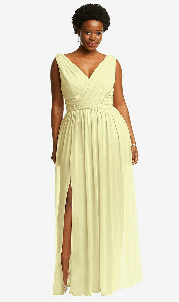 Front View - Butter Yellow Sleeveless Draped Chiffon Maxi Dress with Front Slit