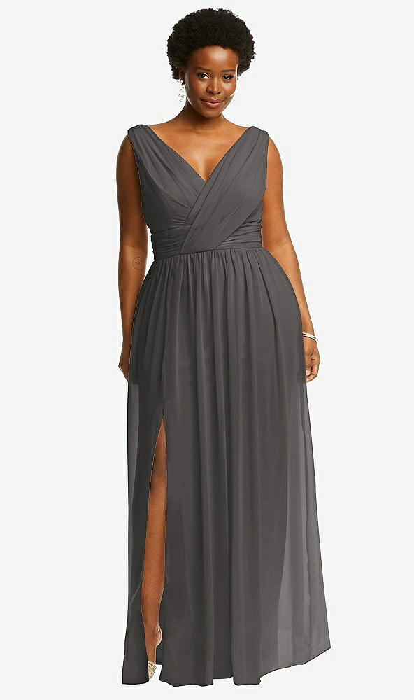 Front View - Caviar Gray Sleeveless Draped Chiffon Maxi Dress with Front Slit