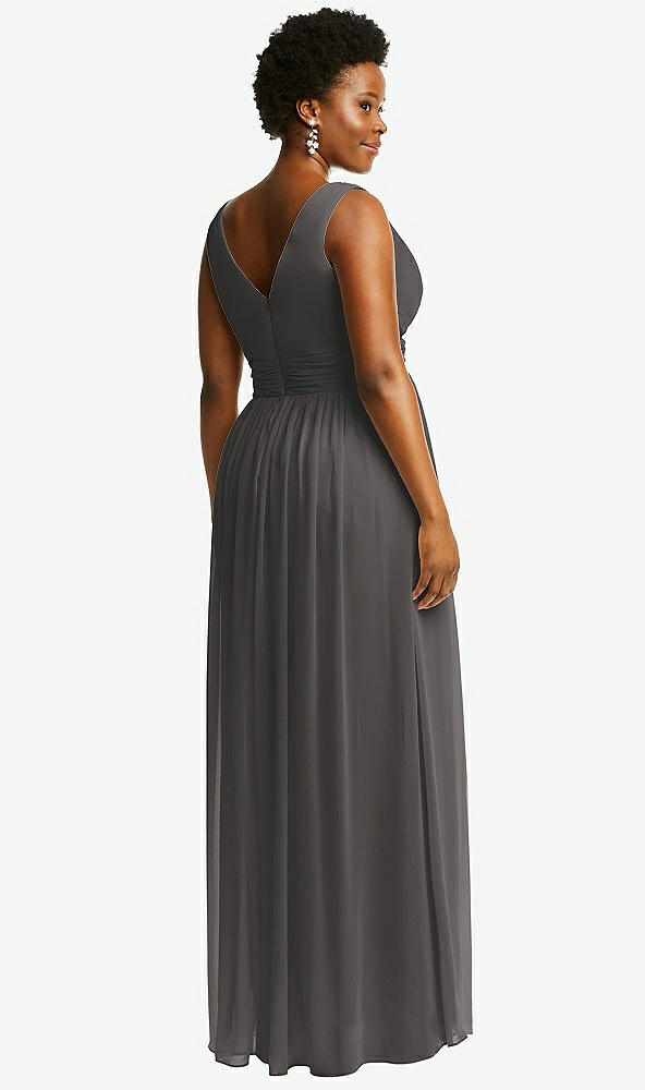 Back View - Caviar Gray Sleeveless Draped Chiffon Maxi Dress with Front Slit