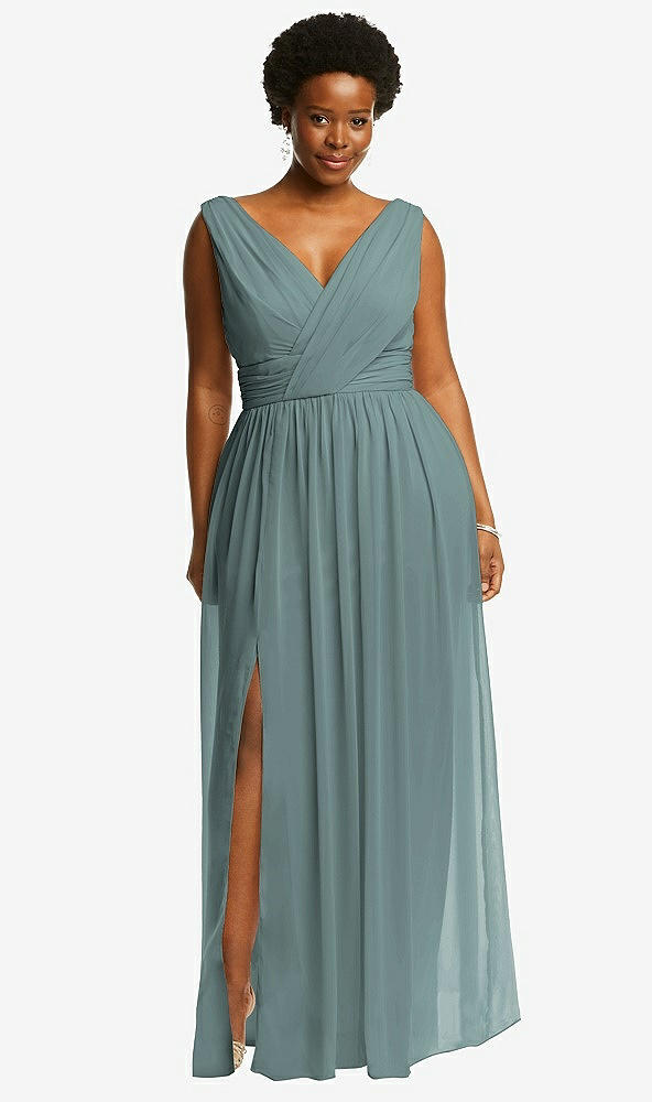 Front View - Icelandic Sleeveless Draped Chiffon Maxi Dress with Front Slit