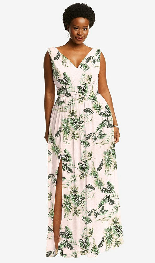 Front View - Palm Beach Print Sleeveless Draped Chiffon Maxi Dress with Front Slit