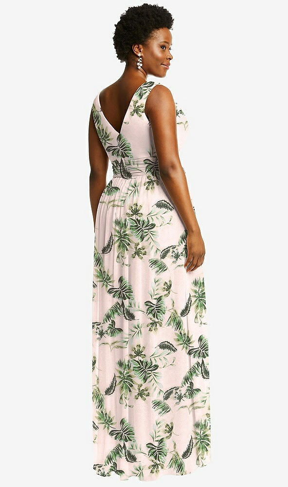 Back View - Palm Beach Print Sleeveless Draped Chiffon Maxi Dress with Front Slit