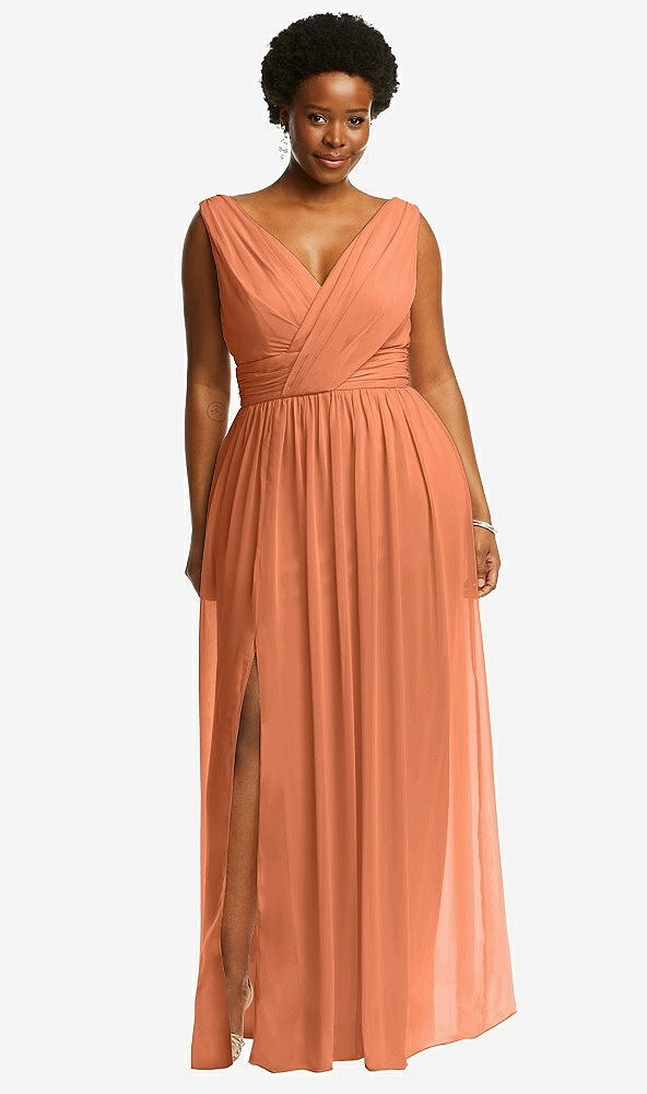 Front View - Sweet Melon Sleeveless Draped Chiffon Maxi Dress with Front Slit