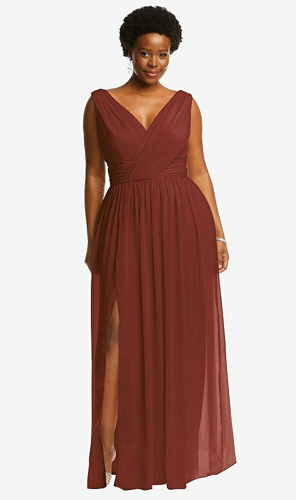 Front View - Auburn Moon Sleeveless Draped Chiffon Maxi Dress with Front Slit