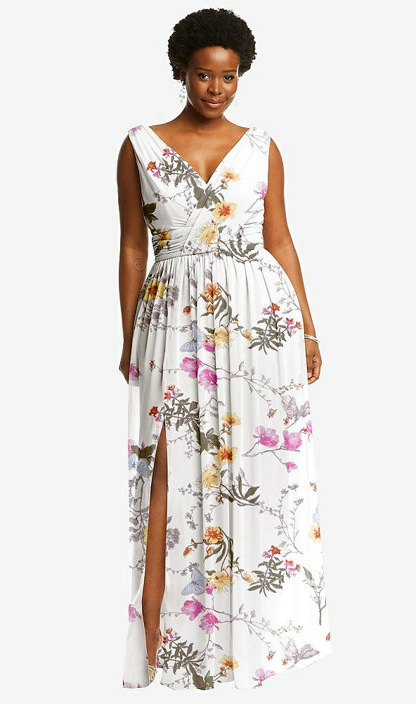 Front View - Butterfly Botanica Ivory Sleeveless Draped Chiffon Maxi Dress with Front Slit