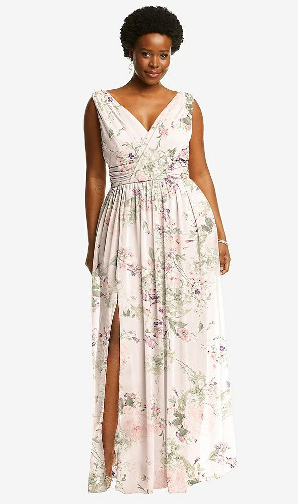 Front View - Blush Garden Sleeveless Draped Chiffon Maxi Dress with Front Slit