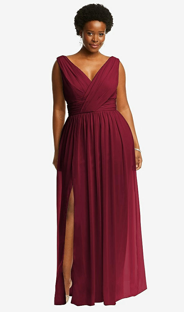 Front View - Burgundy Sleeveless Draped Chiffon Maxi Dress with Front Slit