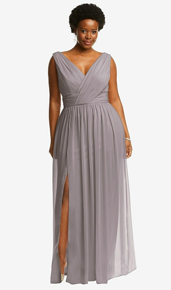 Front View - Cashmere Gray Sleeveless Draped Chiffon Maxi Dress with Front Slit