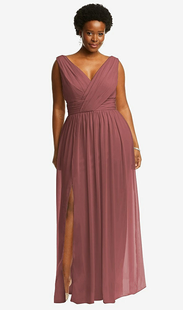 Front View - English Rose Sleeveless Draped Chiffon Maxi Dress with Front Slit