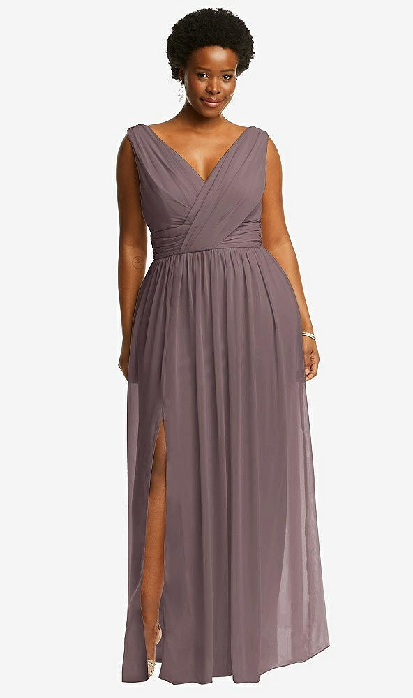 Front View - French Truffle Sleeveless Draped Chiffon Maxi Dress with Front Slit