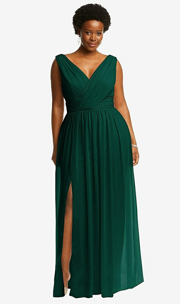 Front View - Hunter Green Sleeveless Draped Chiffon Maxi Dress with Front Slit