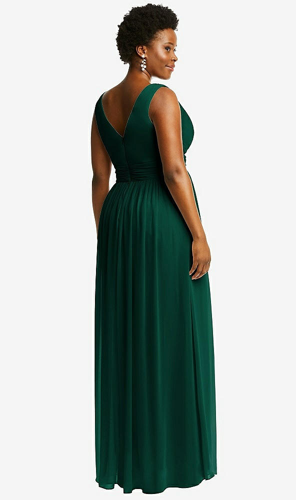 Back View - Hunter Green Sleeveless Draped Chiffon Maxi Dress with Front Slit