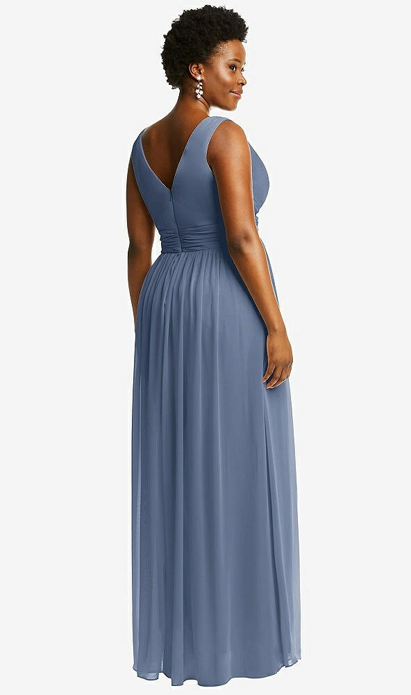 Back View - Larkspur Blue Sleeveless Draped Chiffon Maxi Dress with Front Slit