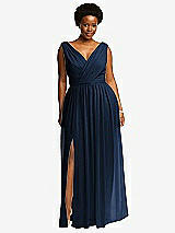 Front View Thumbnail - Midnight Navy Sleeveless Draped Chiffon Maxi Dress with Front Slit