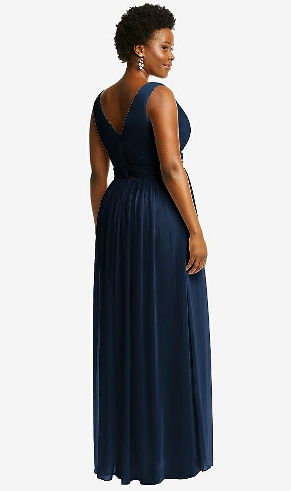 Back View - Midnight Navy Sleeveless Draped Chiffon Maxi Dress with Front Slit