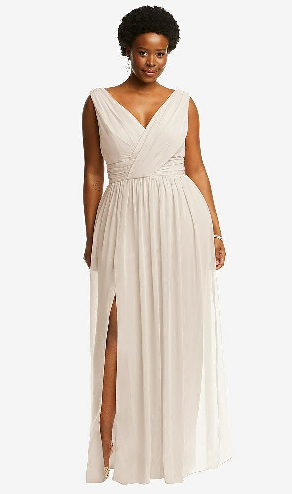 Front View - Oat Sleeveless Draped Chiffon Maxi Dress with Front Slit