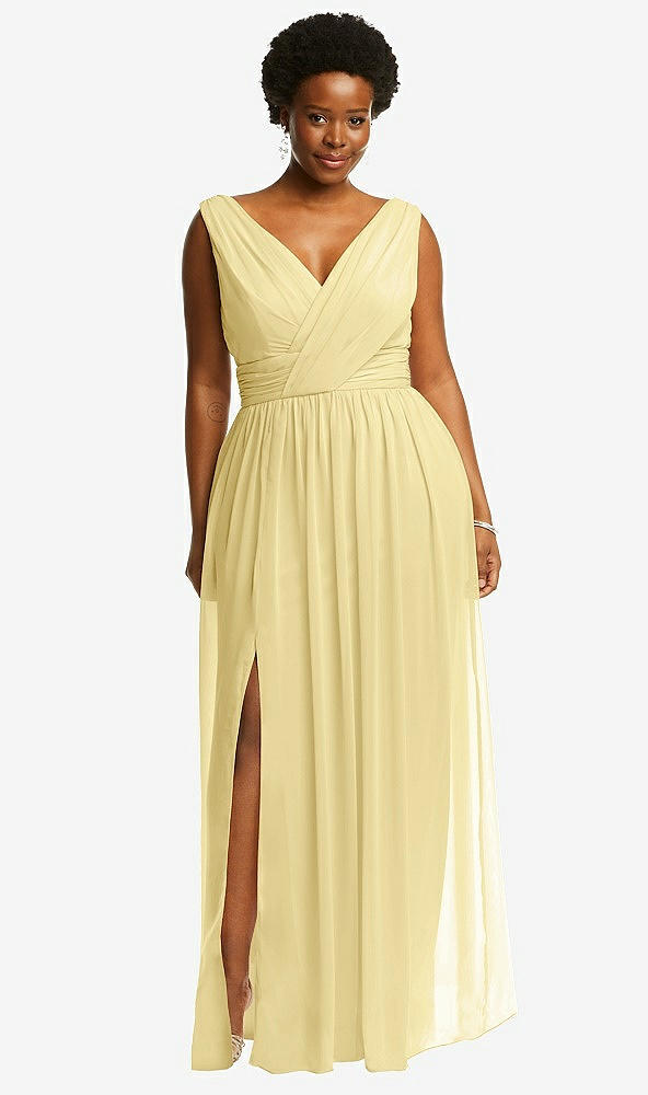 Front View - Pale Yellow Sleeveless Draped Chiffon Maxi Dress with Front Slit