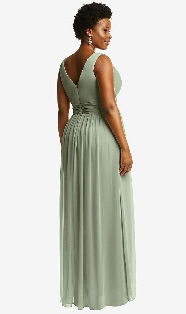 Back View - Sage Sleeveless Draped Chiffon Maxi Dress with Front Slit