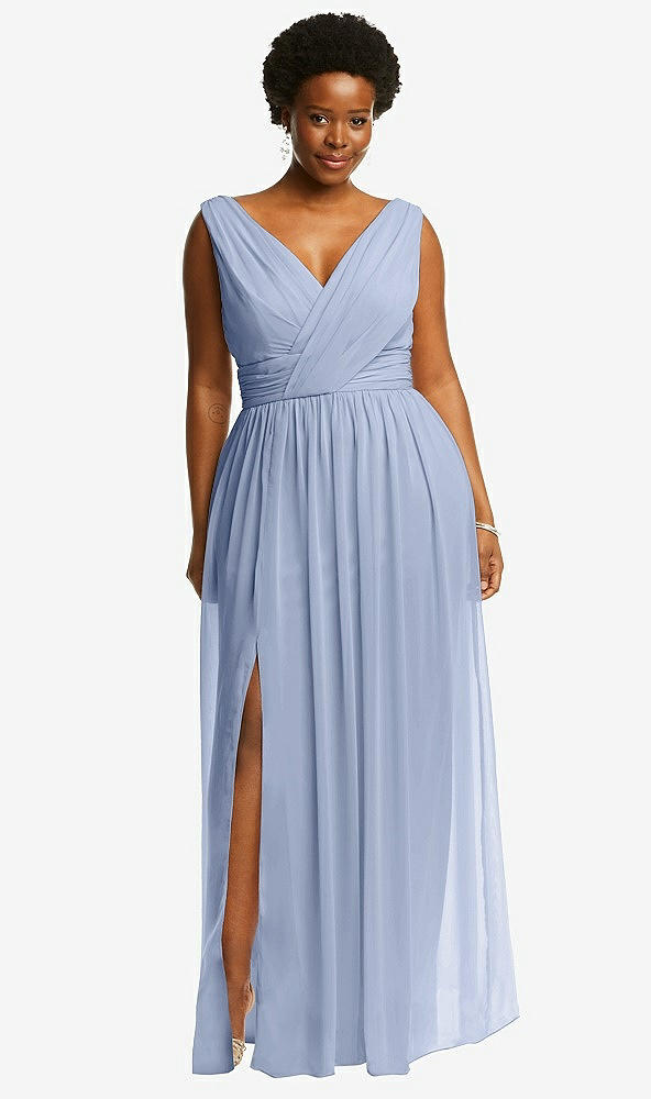 Front View - Sky Blue Sleeveless Draped Chiffon Maxi Dress with Front Slit