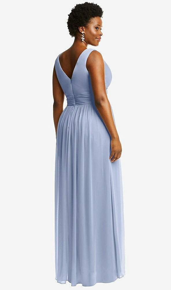 Back View - Sky Blue Sleeveless Draped Chiffon Maxi Dress with Front Slit