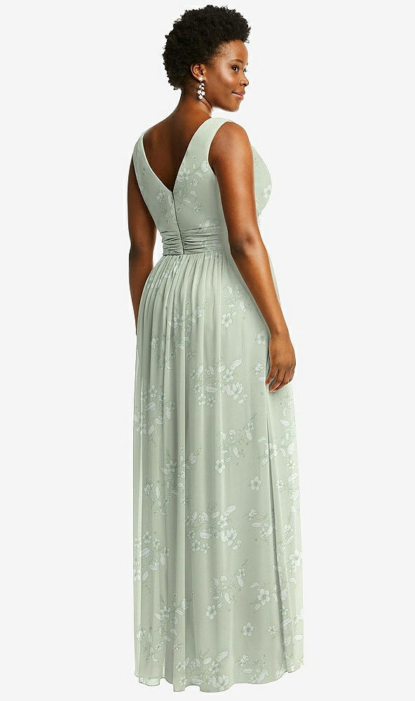 Back View - Vintage Primrose Sage Sleeveless Draped Chiffon Maxi Dress with Front Slit