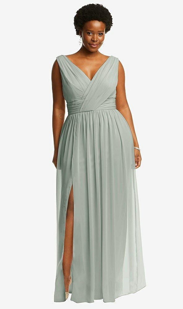 Front View - Willow Green Sleeveless Draped Chiffon Maxi Dress with Front Slit