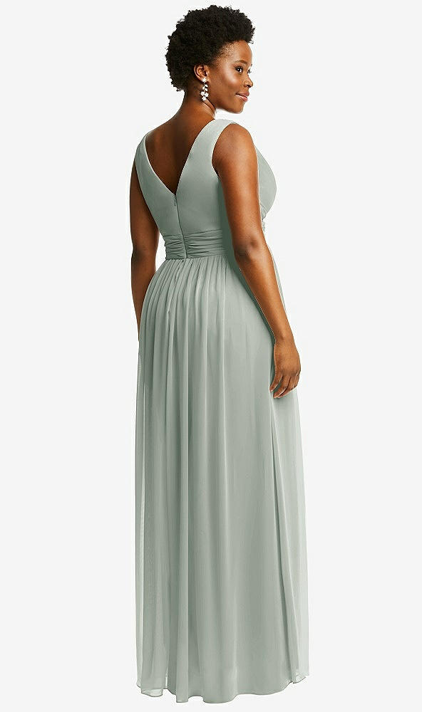 Back View - Willow Green Sleeveless Draped Chiffon Maxi Dress with Front Slit