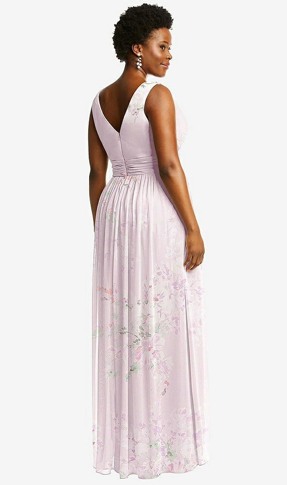 Back View - Watercolor Print Sleeveless Draped Chiffon Maxi Dress with Front Slit