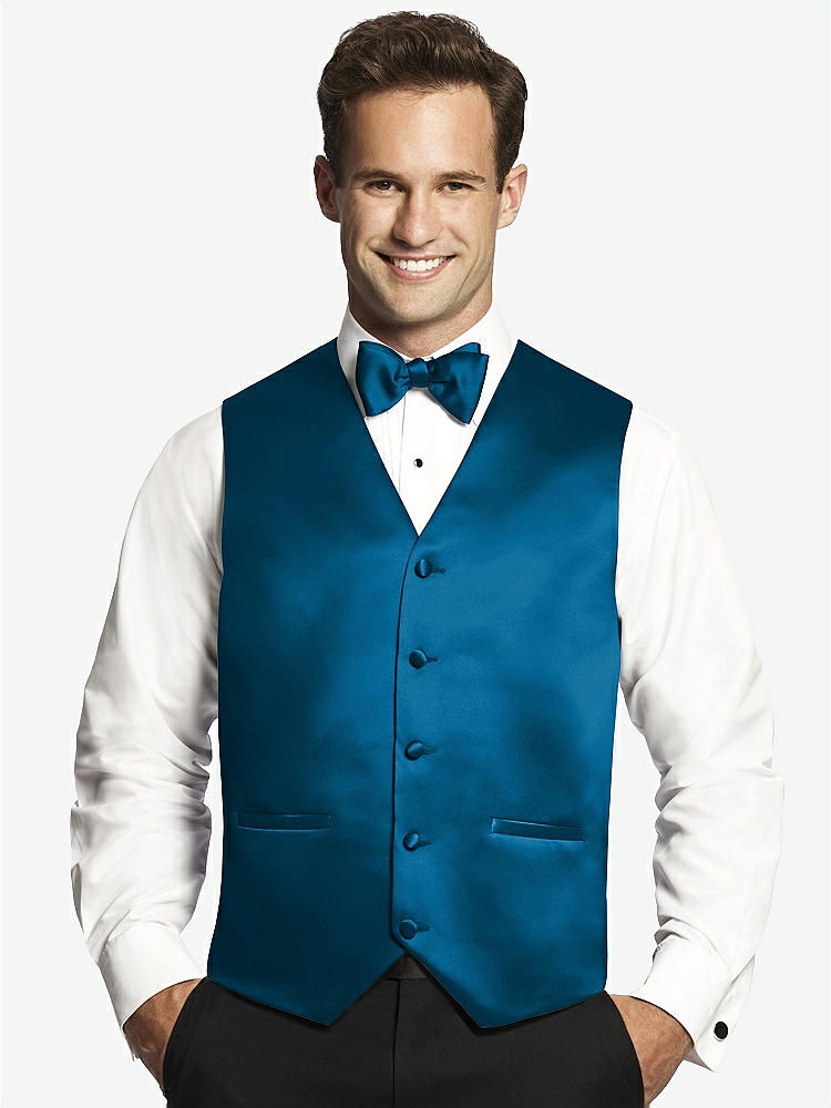 Front View - Ocean Blue Matte Satin Tuxedo Vests by After Six