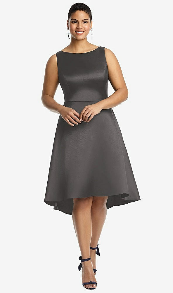 Front View - Caviar Gray Bateau Neck Satin High Low Cocktail Dress