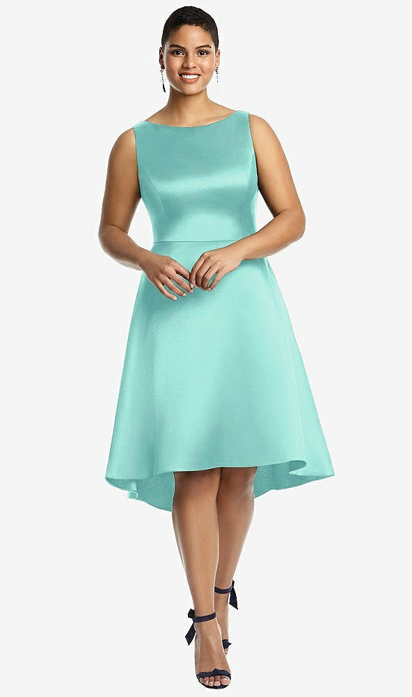 Front View - Coastal Bateau Neck Satin High Low Cocktail Dress